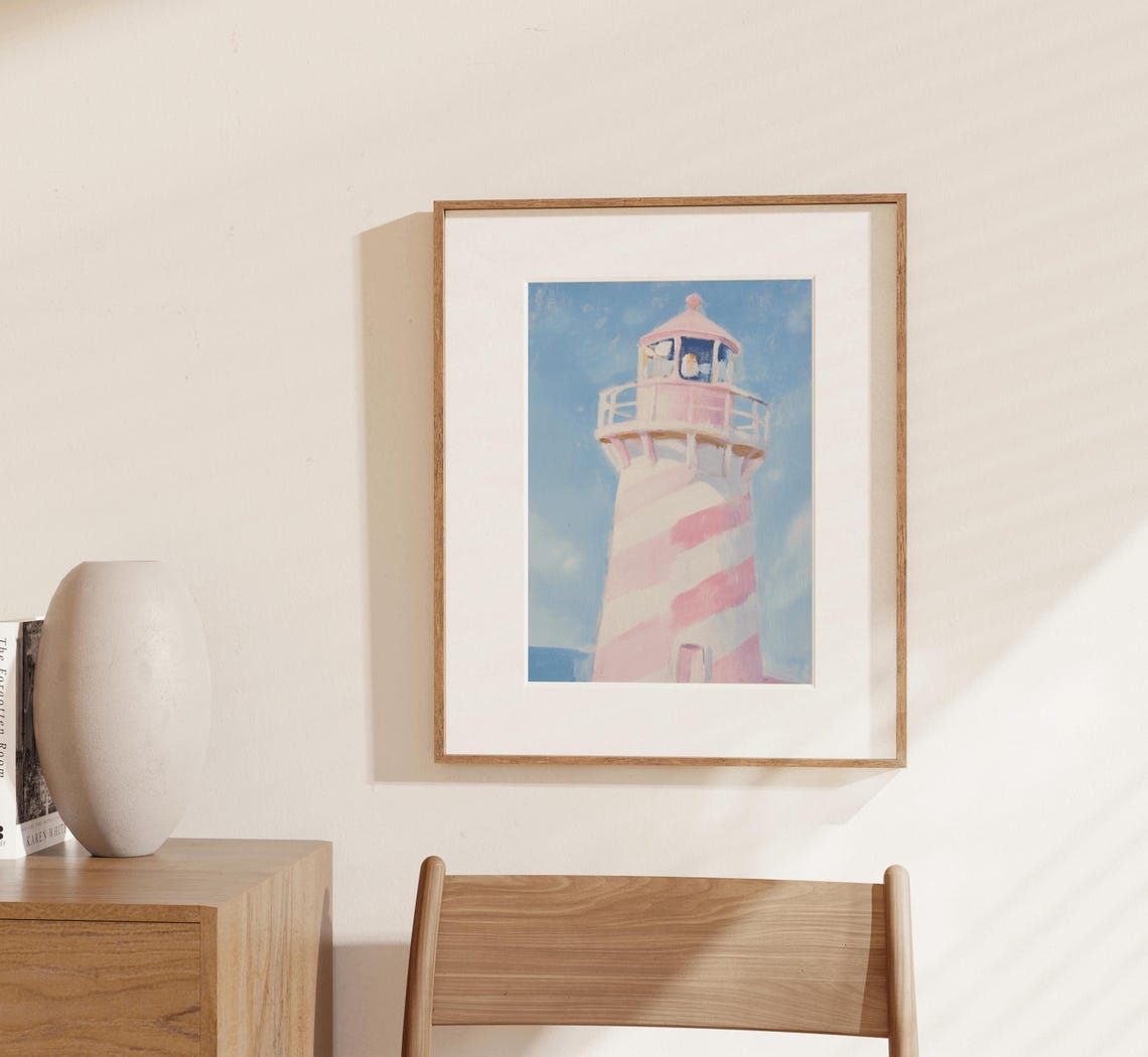 Pink And White Striped Lighthouse Painting Blue Sky Coastal Poster - Image 3