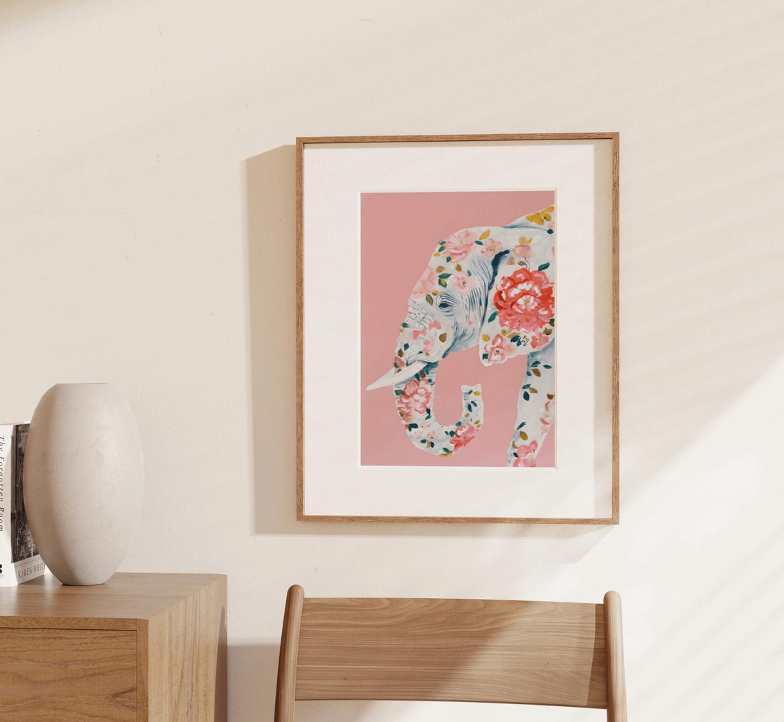 Floral Chinoiserie Elephant Portrait On Pink Background Poster - Image 2