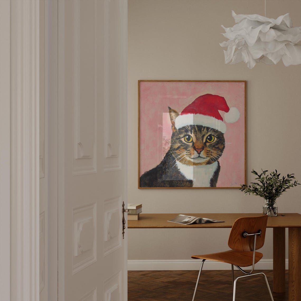 Brown Tabby Cat Wearing Santa Hat on Pink Christmas Portrait Poster - Image 2
