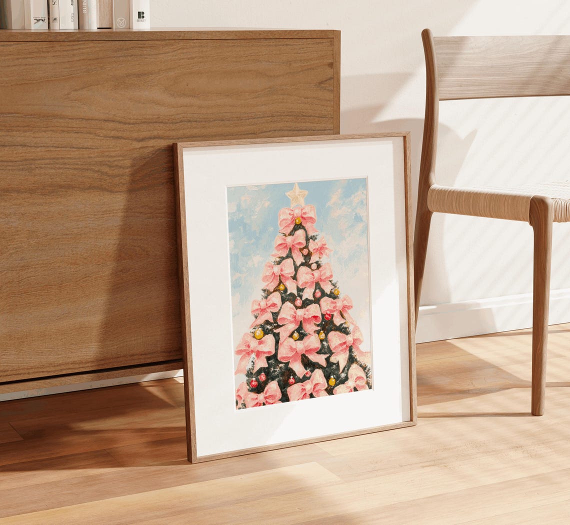 Girly Pink Bow Christmas Tree Star Topper Pastel Holiday Poster - Image 2