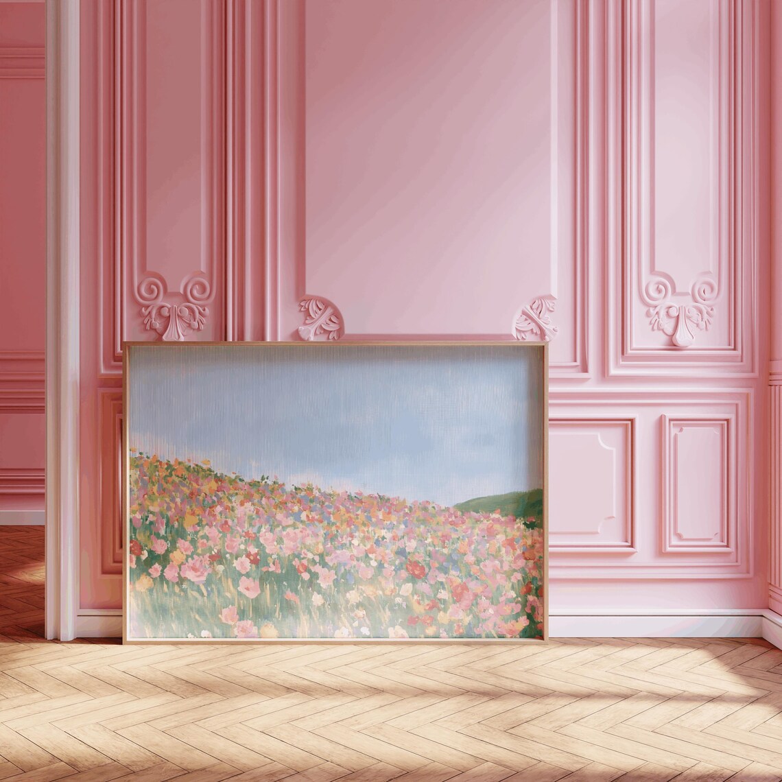 Pastel Wildflower Field Painting Soft Pink Flower Meadow Poster