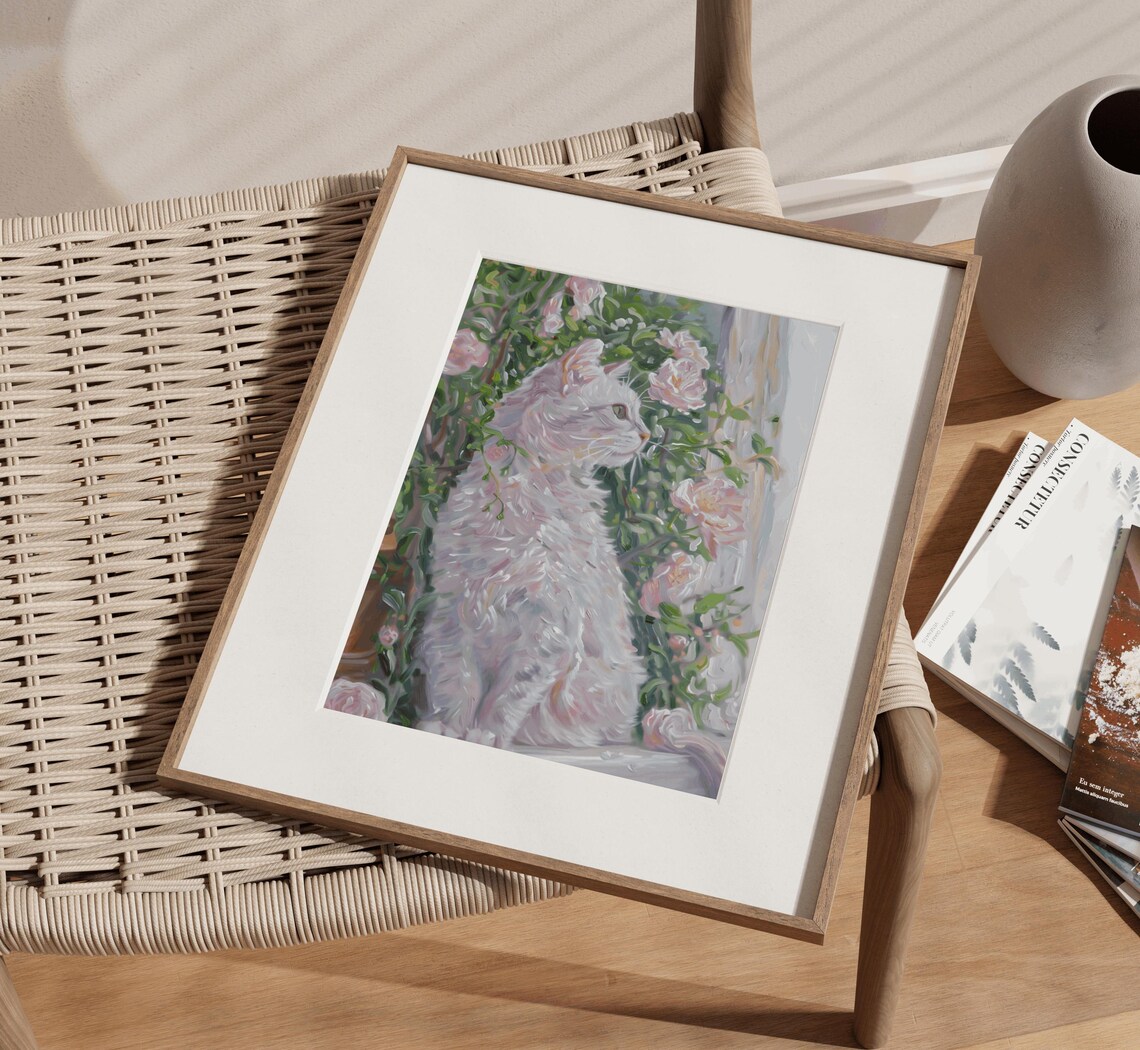 Farmhouse Cat Painting Floral Cottagecore Art Print