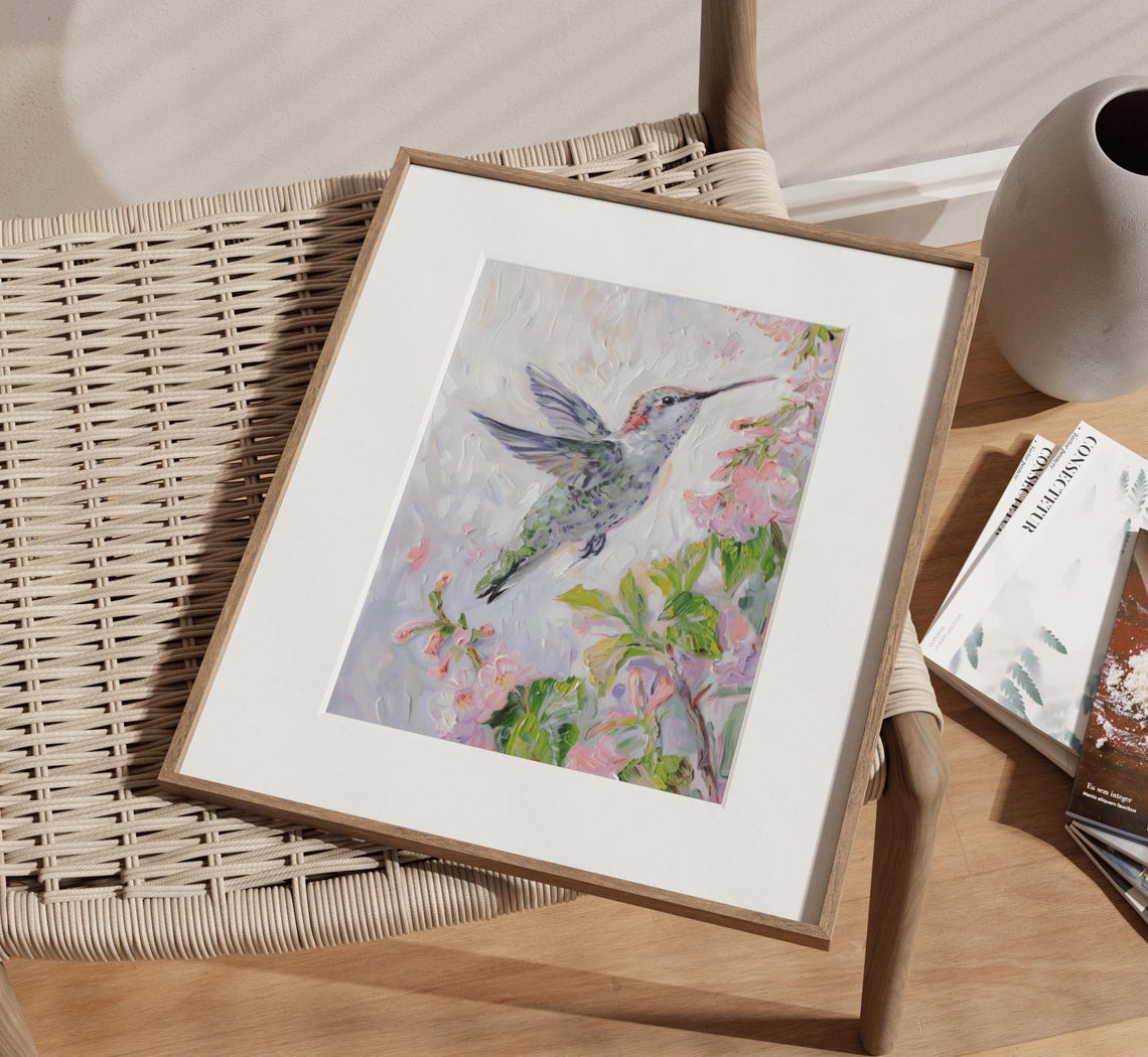Hummingbird with Pink Blossoms Impressionist Nature Art Print - Image 4