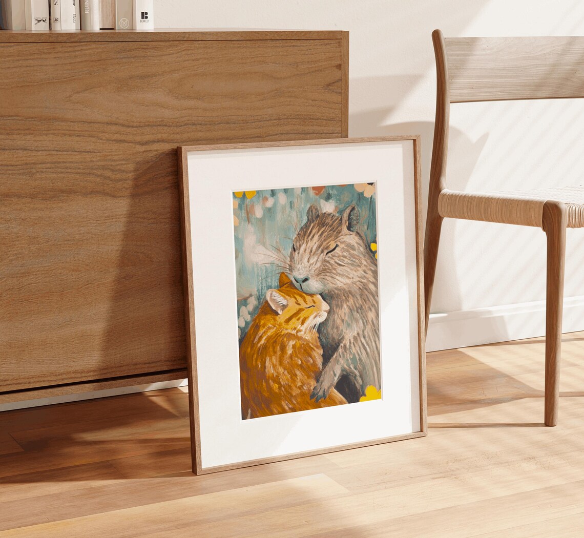 Sweet Capybara Hugging Ginger Cat Friends Floral Painting Poster - Image 2