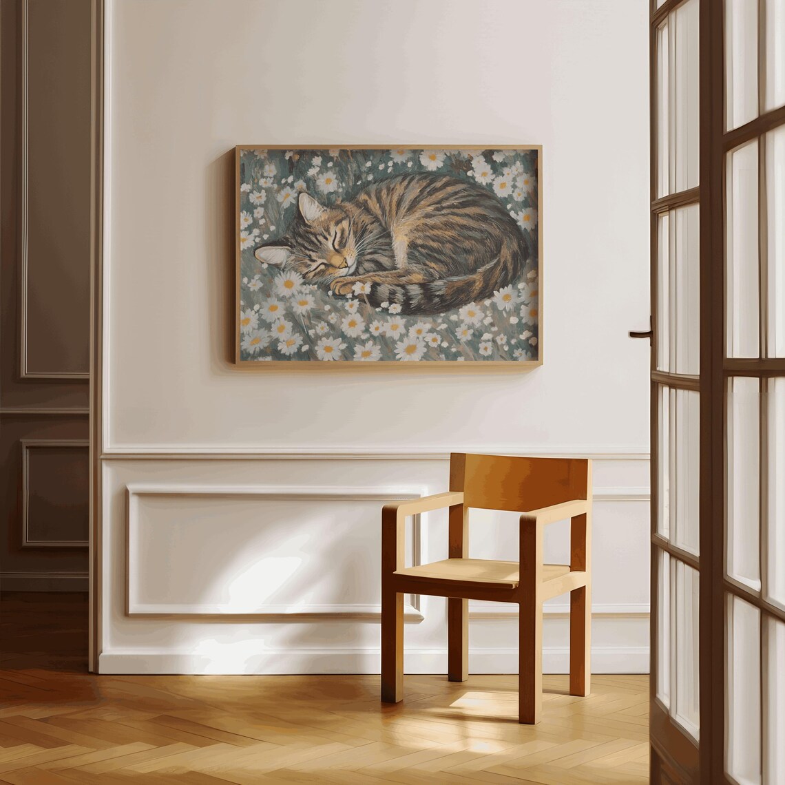 Brown Tabby Cat and Daisy Flowers Art Print - Image 3