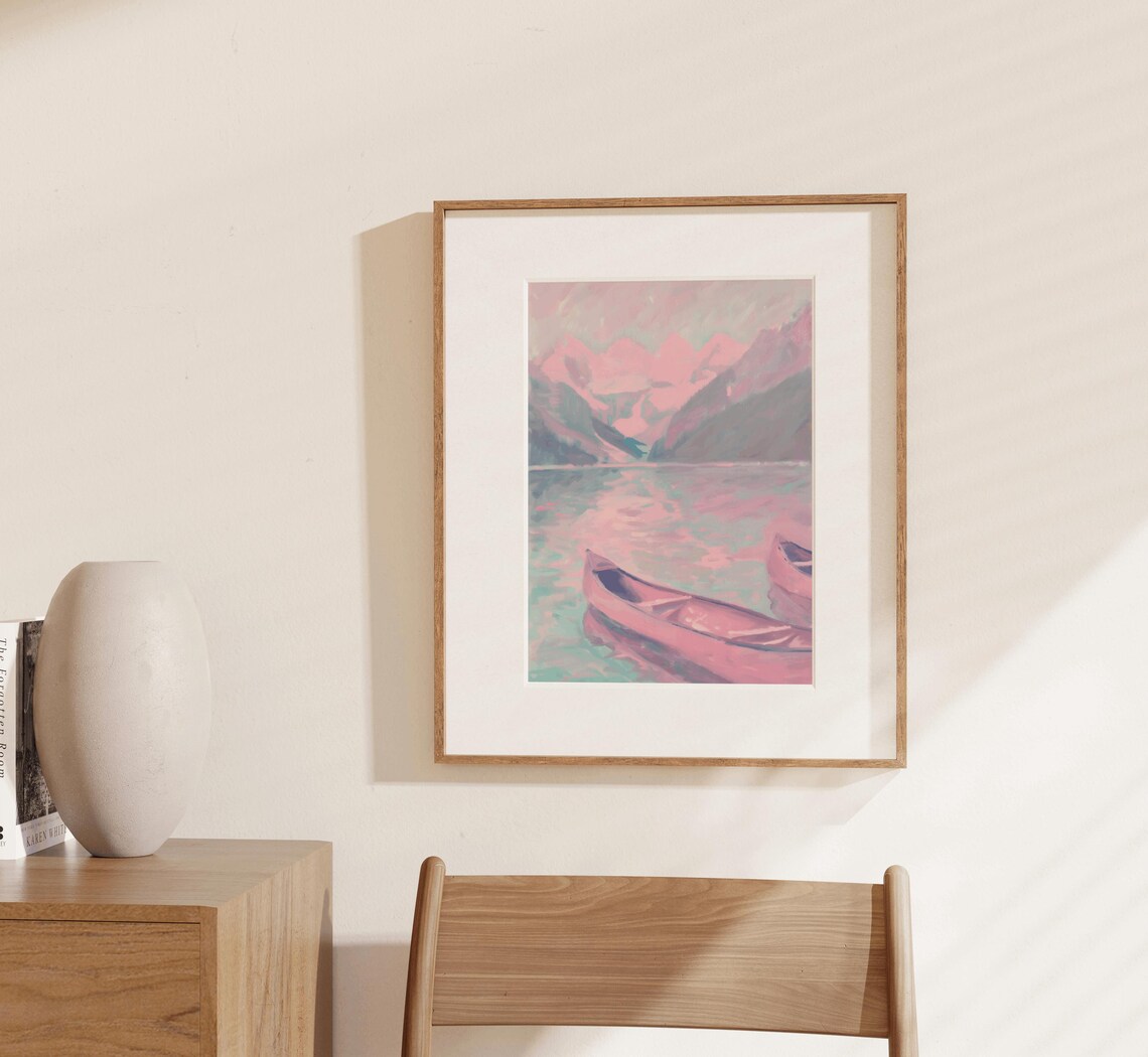 Pink Rowboats On A Dreamy Pastel Mountain Lake Landscape Poster - Image 3