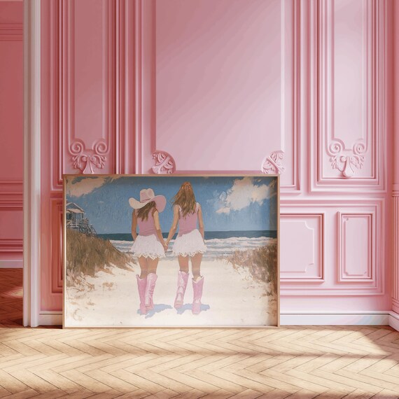 Two Cowgirls On Beach Path Pink Boots White Dresses Art Poster