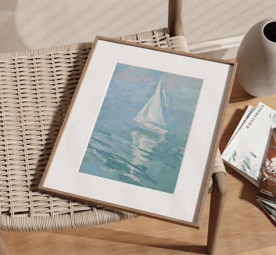 White Sailboat On Turquoise Water Reflection Seascape Poster