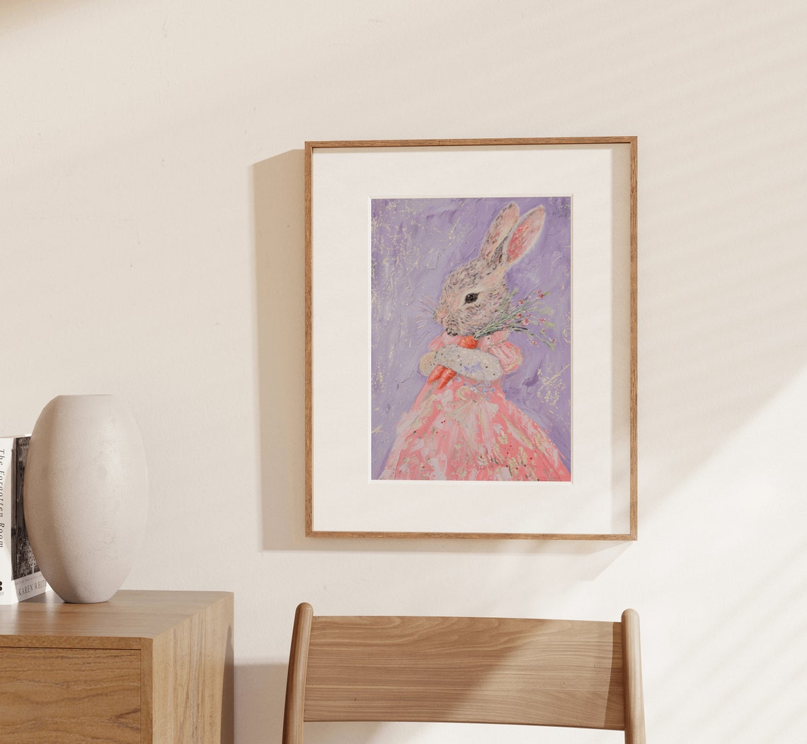Bunny in Pink Floral Dress with Carrots Pastel Nursery Art Print - Image 4