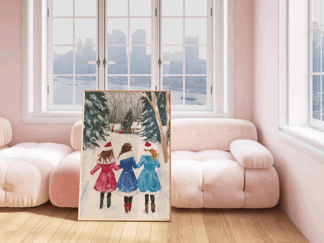 Three Girls in Christmas Village Art Print