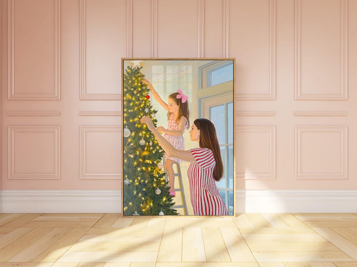 Christmas Winter Mother And Daughter Painting Mother And Daughter Wall Art Mother And Daughter Room Decor Christmas Tree Wall Art