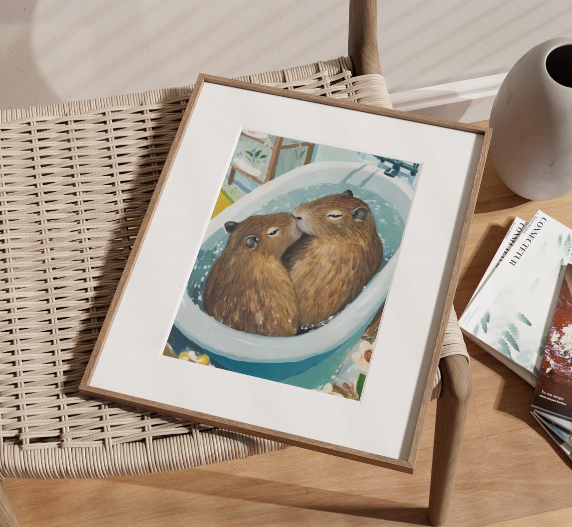 Two Capybaras Cuddling Blue Bathtub Funny Bathroom Humor Poster - Image 3