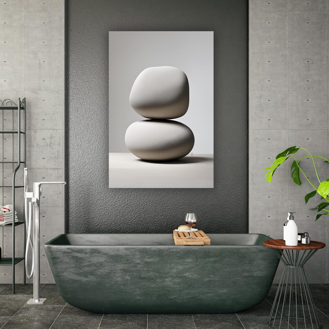 Two Smooth Balanced Zen Stones Minimalist Grey Bathroom Wall Art Print