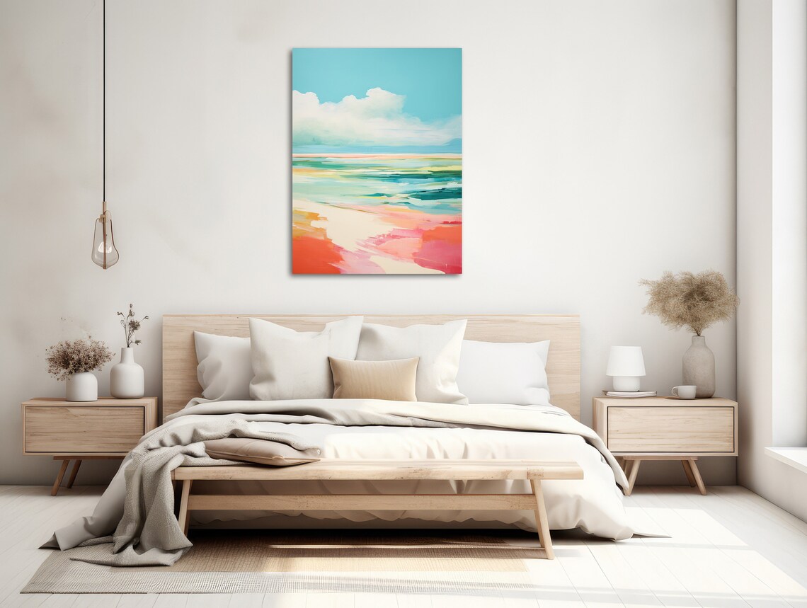 Turquoise Sky Over Coral Waves Abstract Beach Painting Poster - Image 2