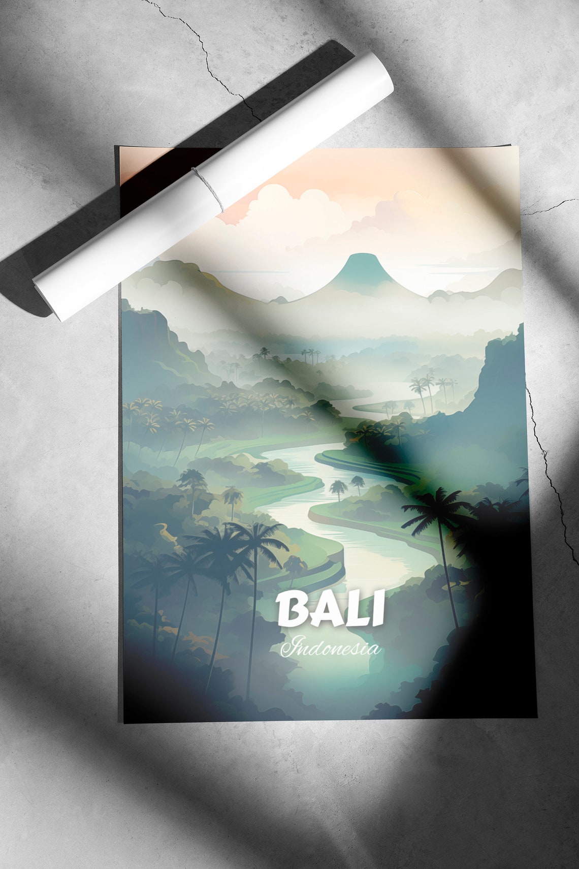 Bali Indonesia Volcano River Valley Palm Trees Travel Poster - Image 2