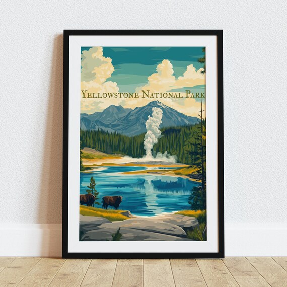 Yellowstone National Park Geyser Bison Vintage Travel Poster