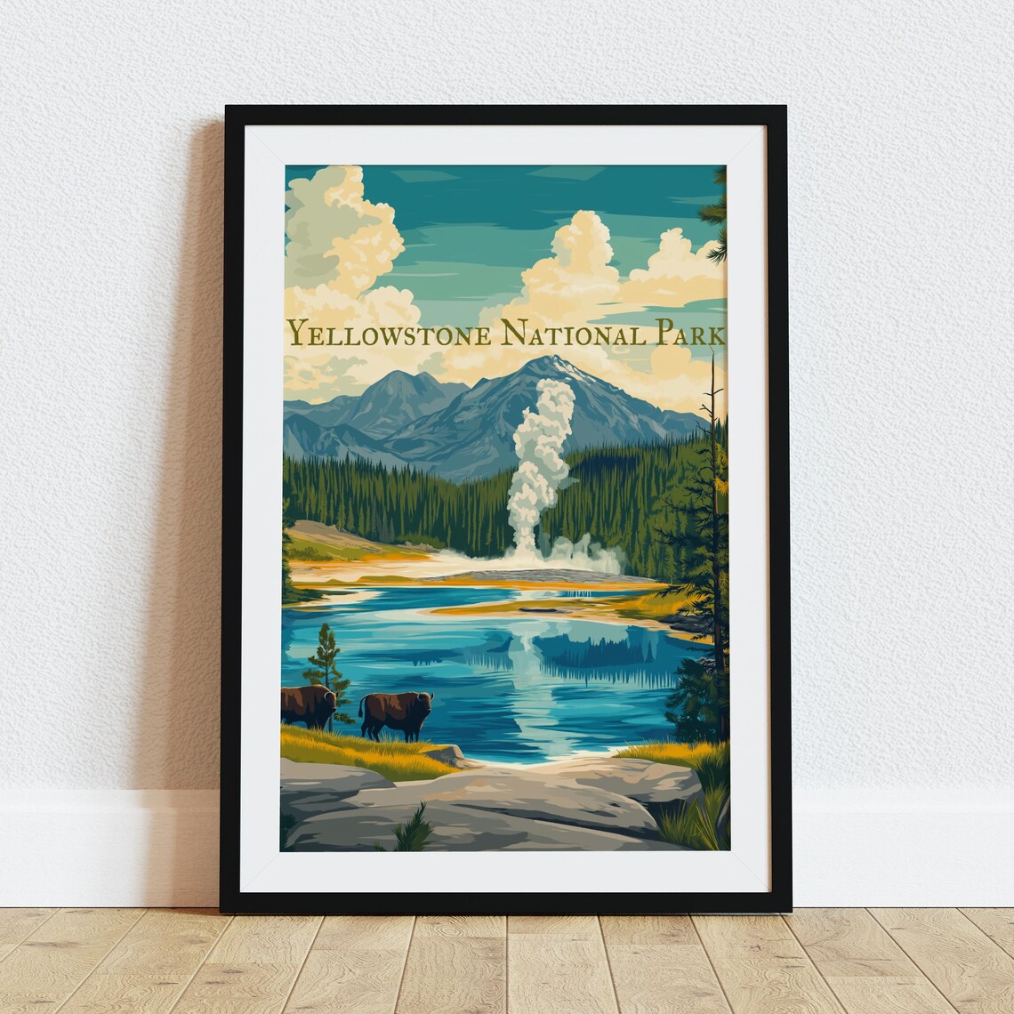 Yellowstone National Park Geyser Bison Vintage Travel Poster