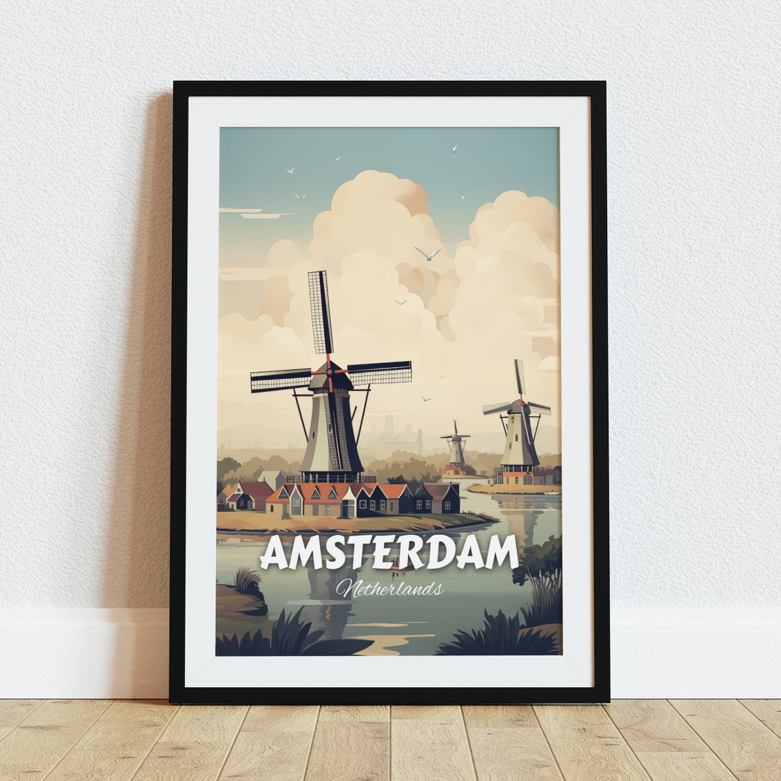 Amsterdam Dutch Windmills Canal Vintage Netherlands Travel Poster