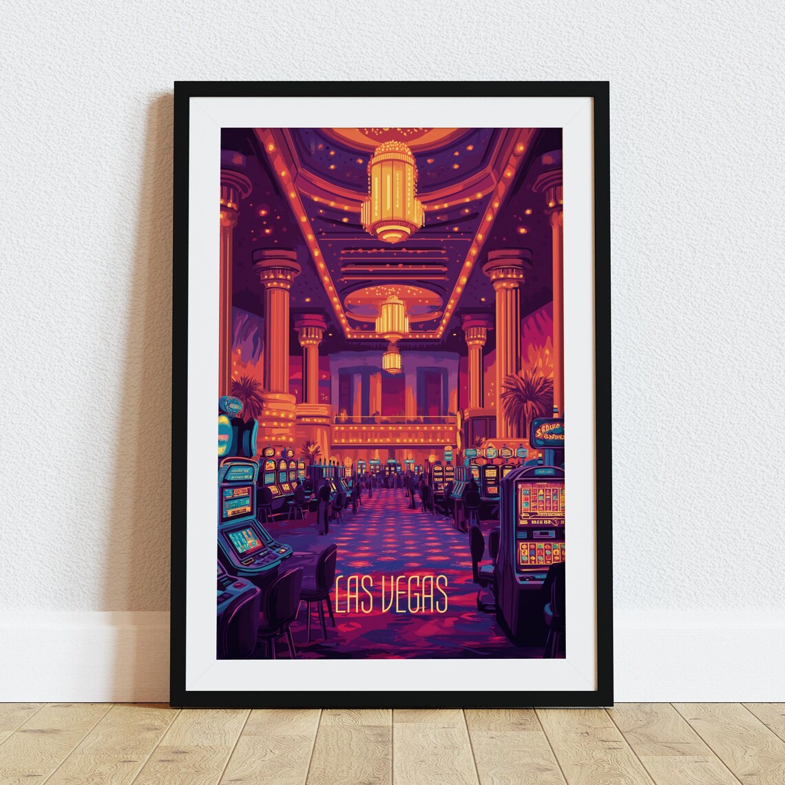 Las Vegas Casino Floor Slot Machines Neon Vintage Travel Poster