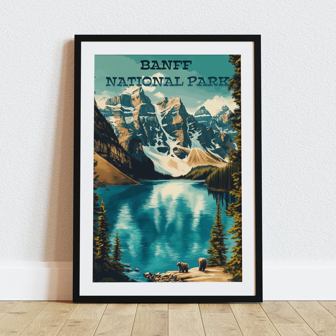 Banff National Park Canada Turquoise Lake Bears Vintage Poster