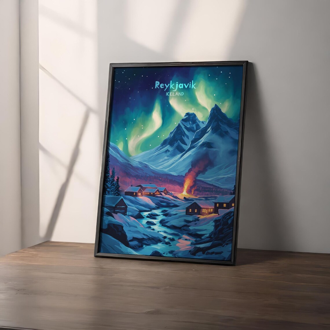 Reykjavik Iceland Aurora Over Mountain Cabins Night Travel Poster - Image 2