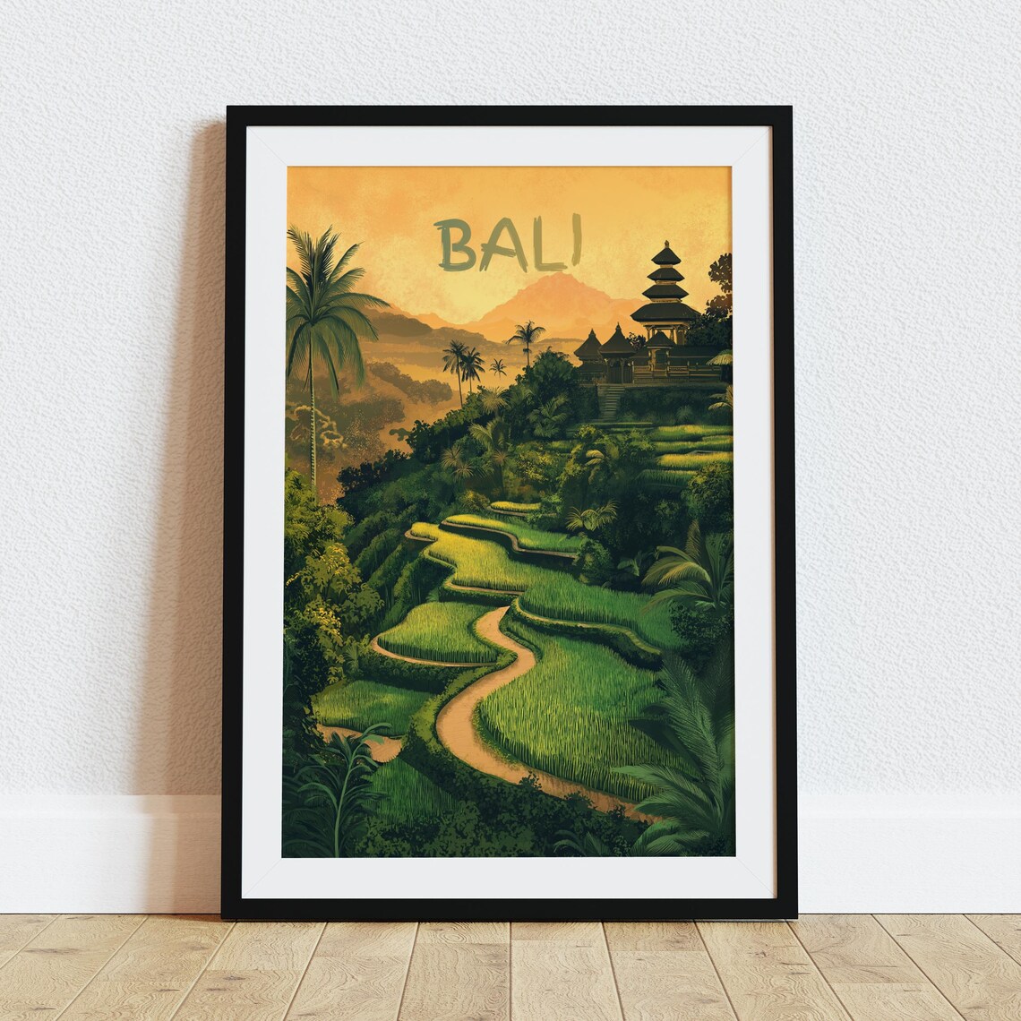 Bali Indonesia Rice Terraces Temple Volcano Sunset Travel Poster