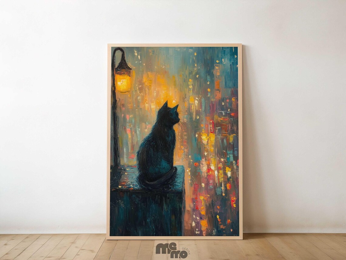 Black Cat Night City Lights Street Lamp Evening Oil Painting Poster