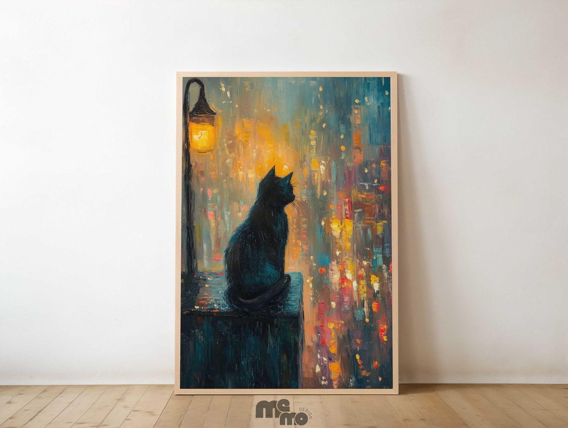 Black Cat Night City Wall Art Poster Moody Street Lamp Oil Painting Premium Matte Paper Print For Lovers Gift Urban Home Decor