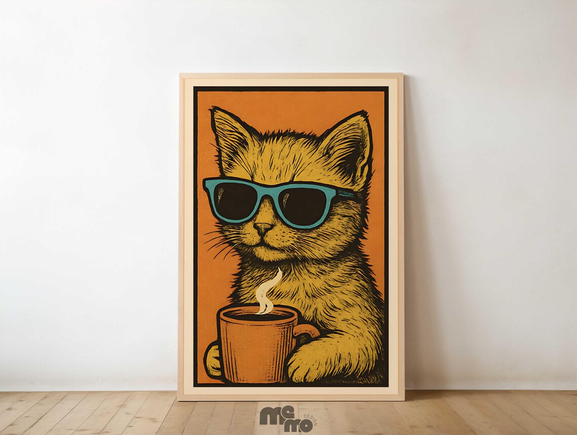 Cat Drinking Coffee, Vintage Funny Art Print