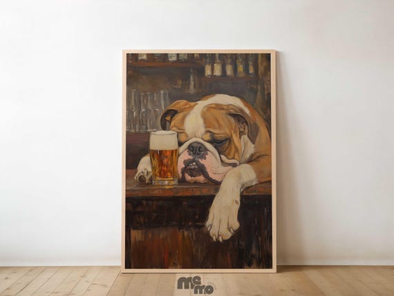 Bulldog, Funny Sleeping Dog With Beer Vintage Pub Decor