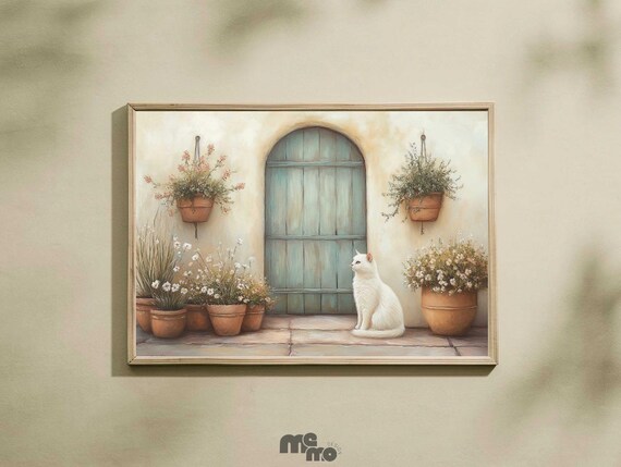 Rustic Cat And Flowers, Mediterranean Boho Art Print