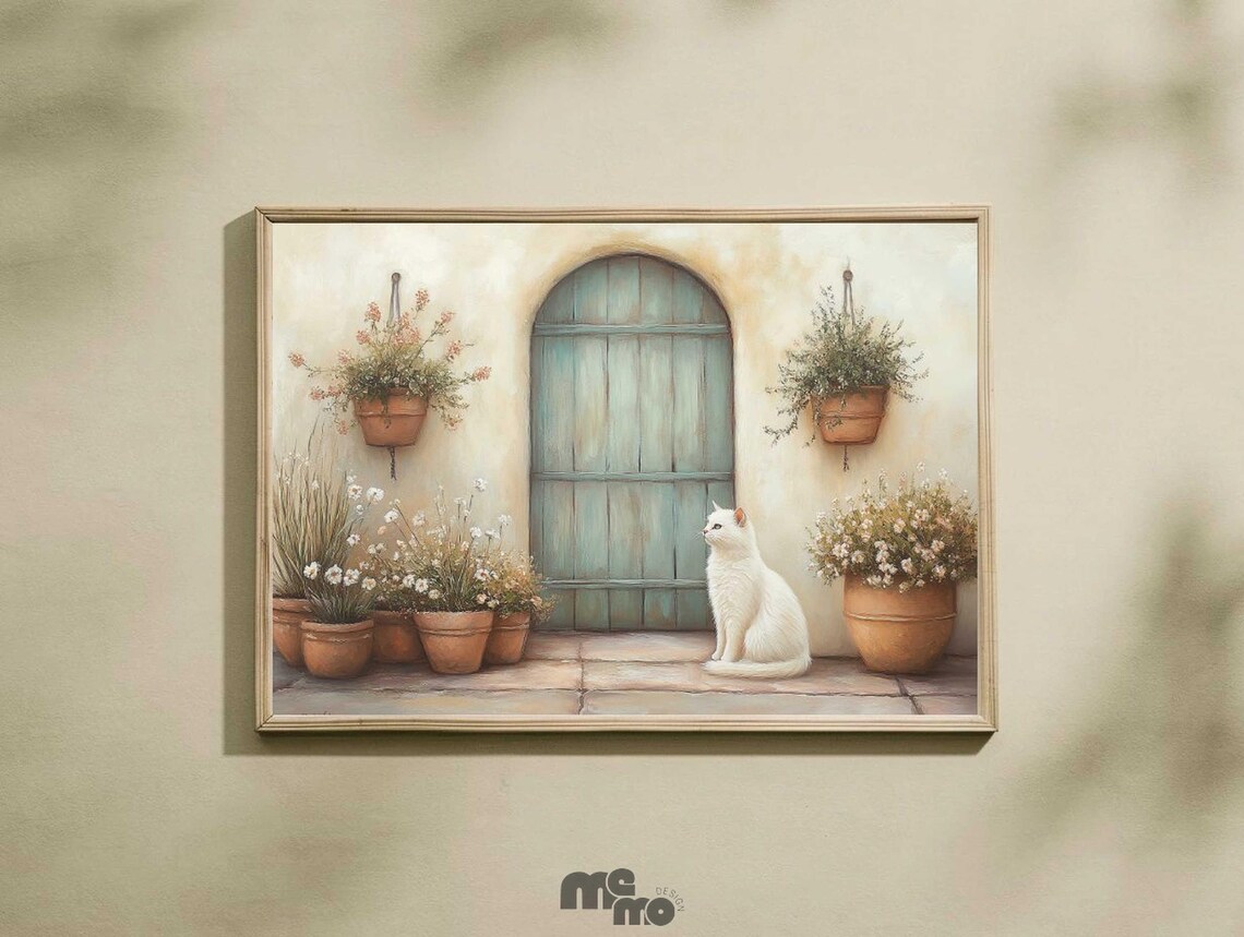 Rustic Cat And Flowers, Mediterranean Boho Art Print