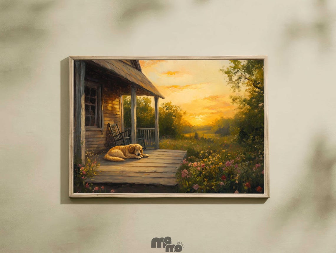 Golden Retriever Porch Sunset Poster Cozy Cabin Farmhouse Art
