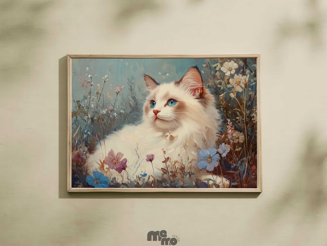 Fluffy Blue Eyed Cat Among Flowers Rococo Style Pet Portrait Art Print