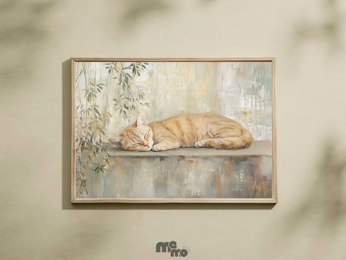 Sleeping Orange Tabby Cat, Minimalist Rustic Art Print