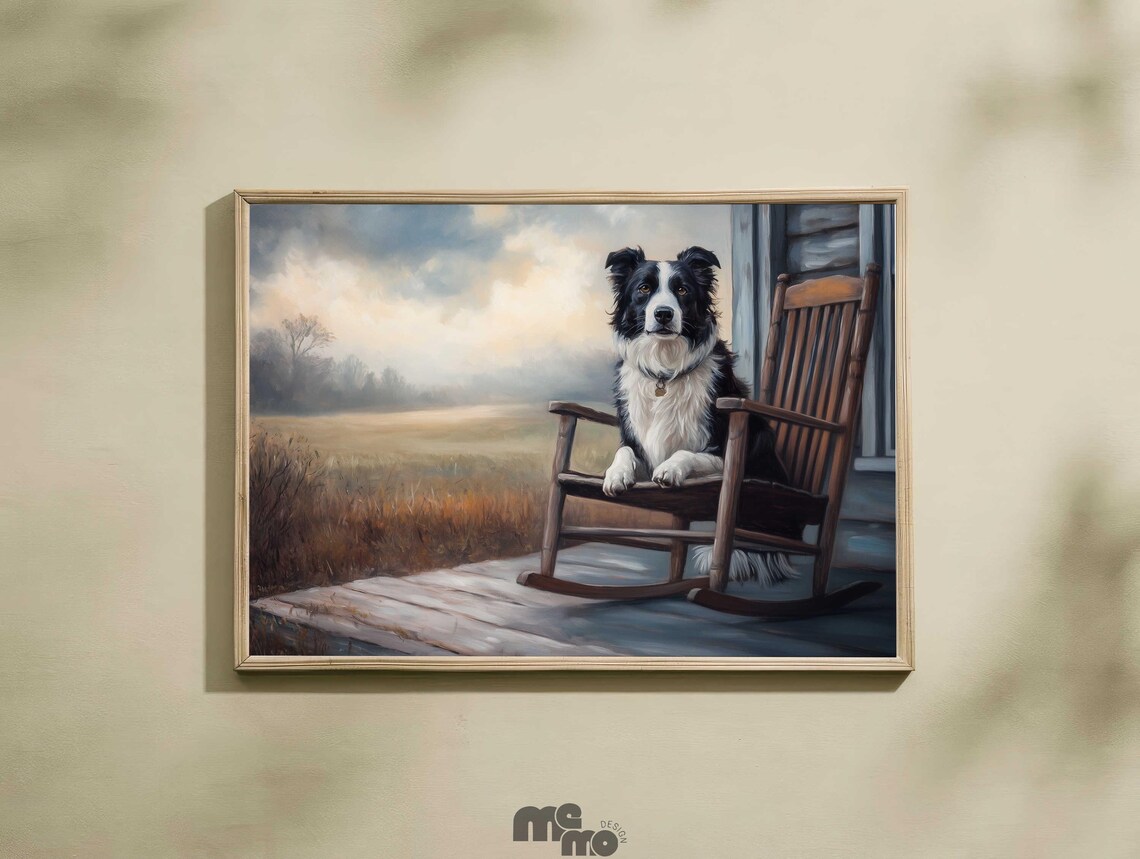 Border Collie Rocking Chair Farmhouse Porch Rustic Art Print