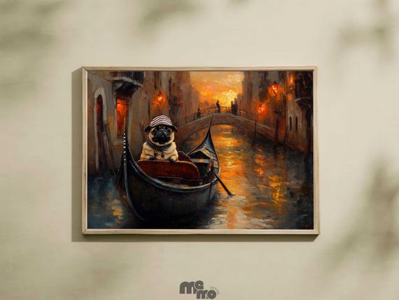 Venice Pug Gondola Wall Art Italian Dog Sunset Romantic Canal Pet Decor Painitng Cute Gondolier Gift For Lovers