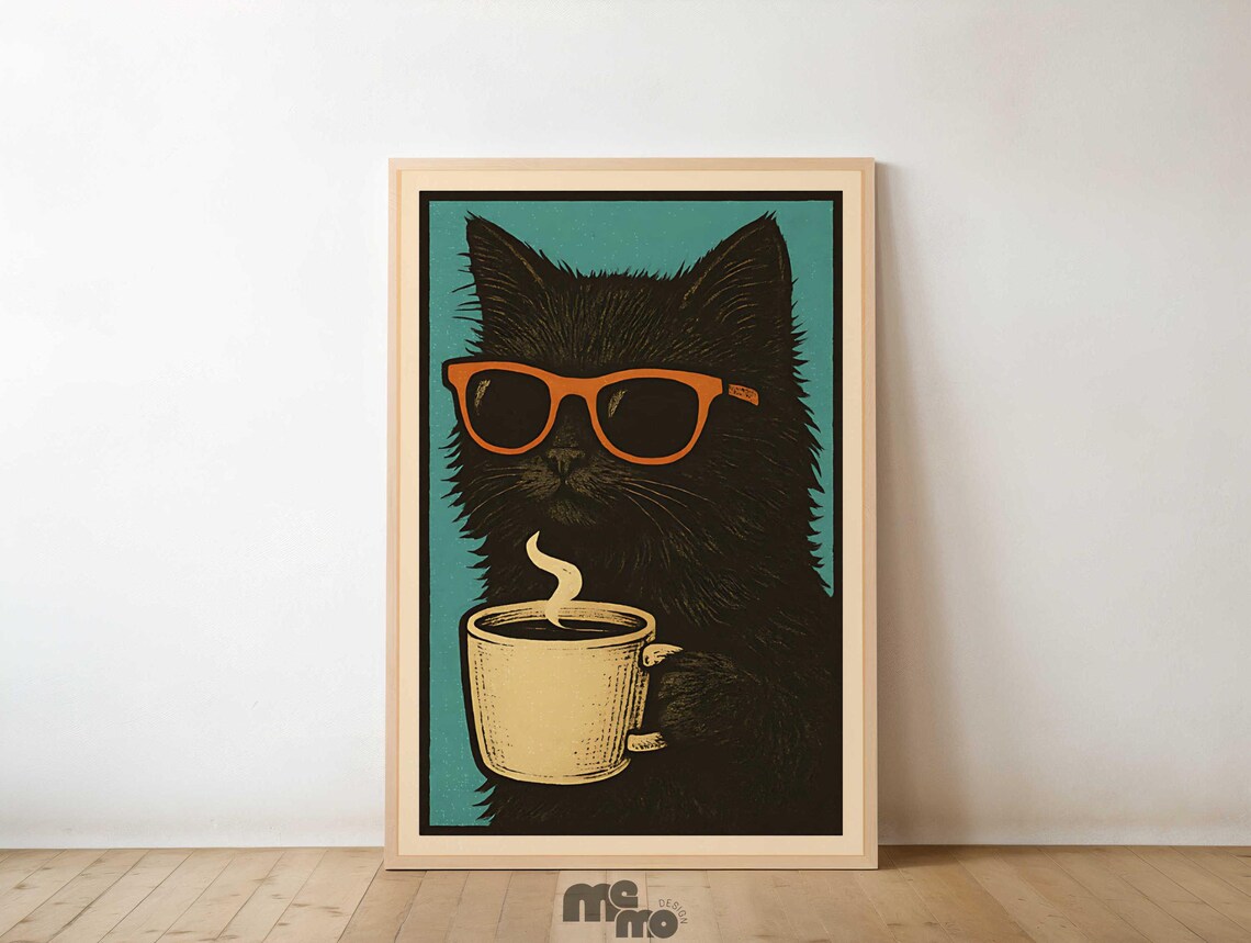Maine Coon Drinking Coffee, Vintage Cat Art Print