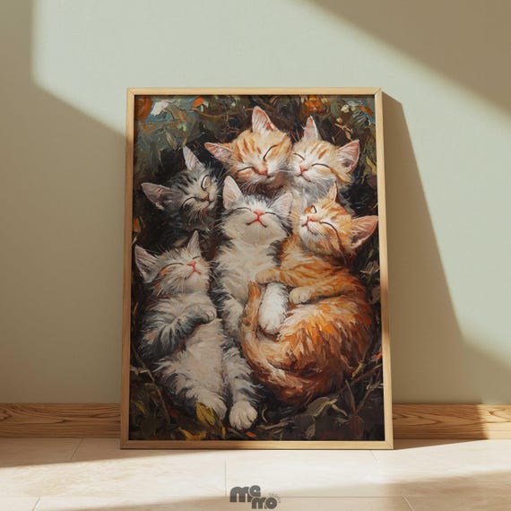 Sleeping Kittens Wall Art Cozy Cat Oil Painting Print Cute Pet Premium Matte Paper Poster For Lovers Nursery Animal Home Decor