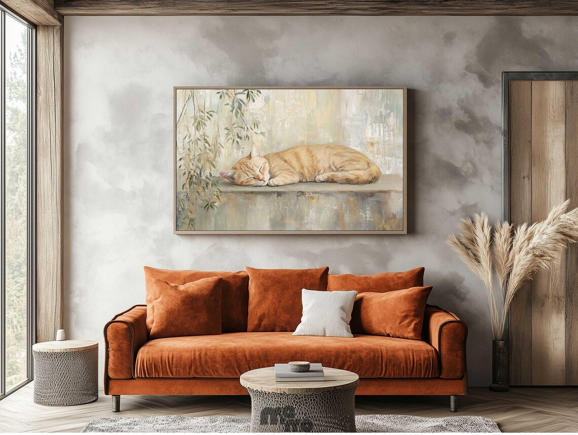 Sleeping Orange Tabby Cat, Minimalist Rustic Art Print - Image 3