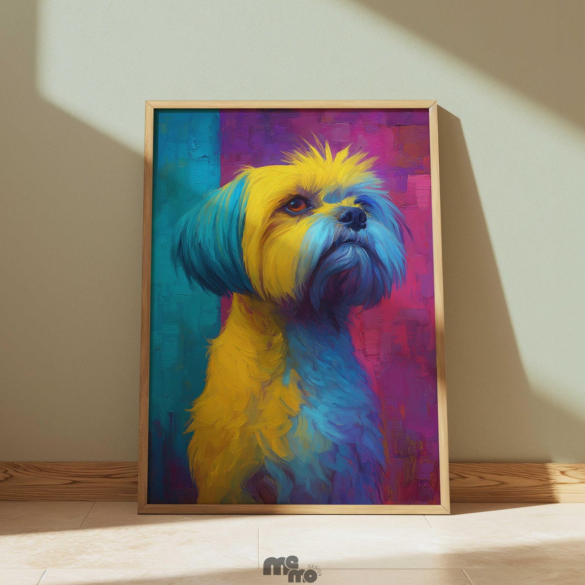 Playful Shih Tzu Pop Art Portrait Yellow Blue Abstract Dog Poster