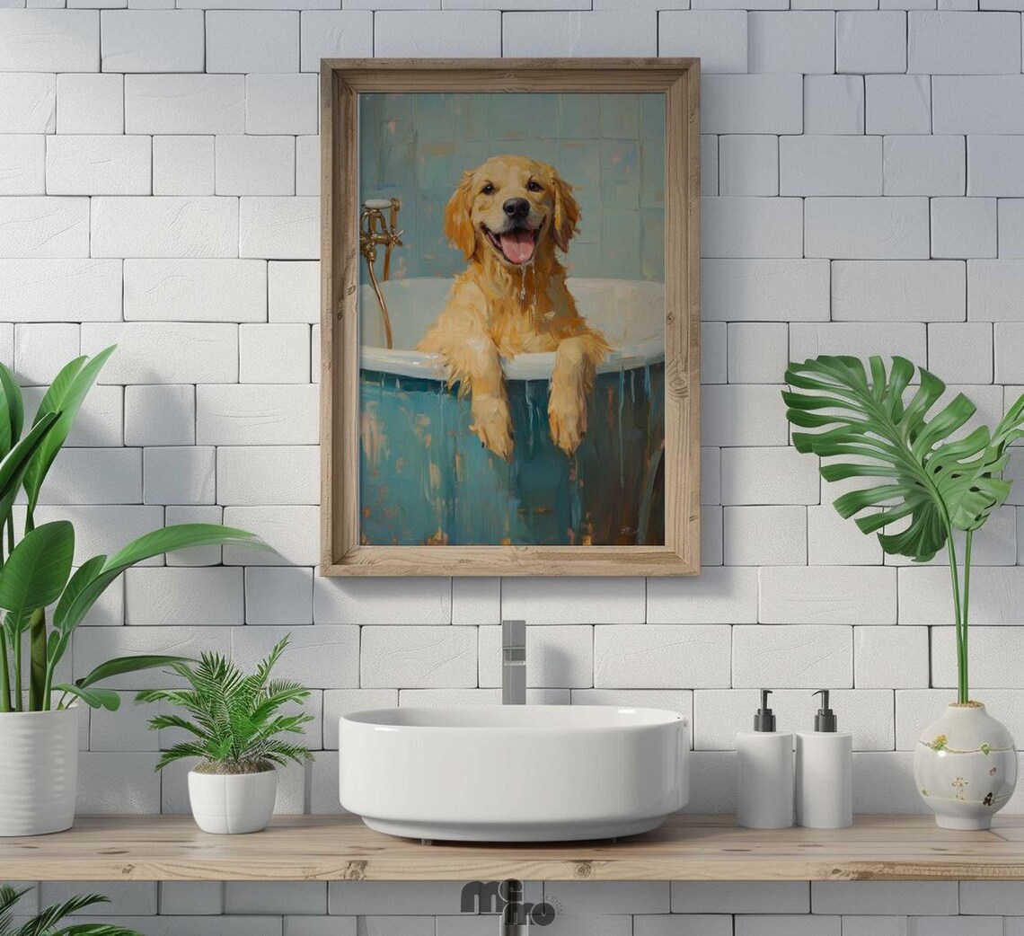 Golden Retriever Dog Bath Art Print, Funny Portrait - Image 5
