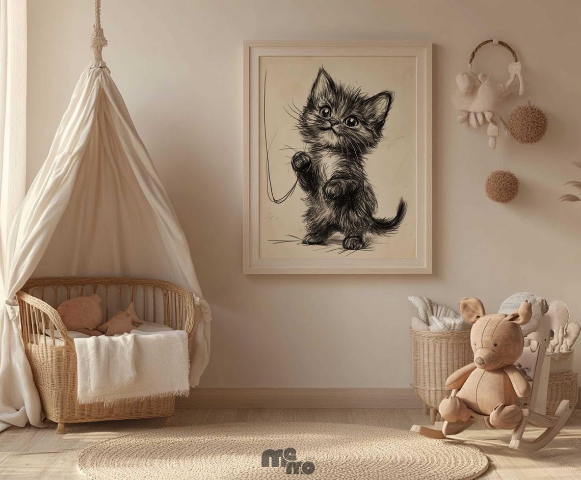 Cute Kitten - Playful Maine Coon Sketch, Nursery Decor - Image 2