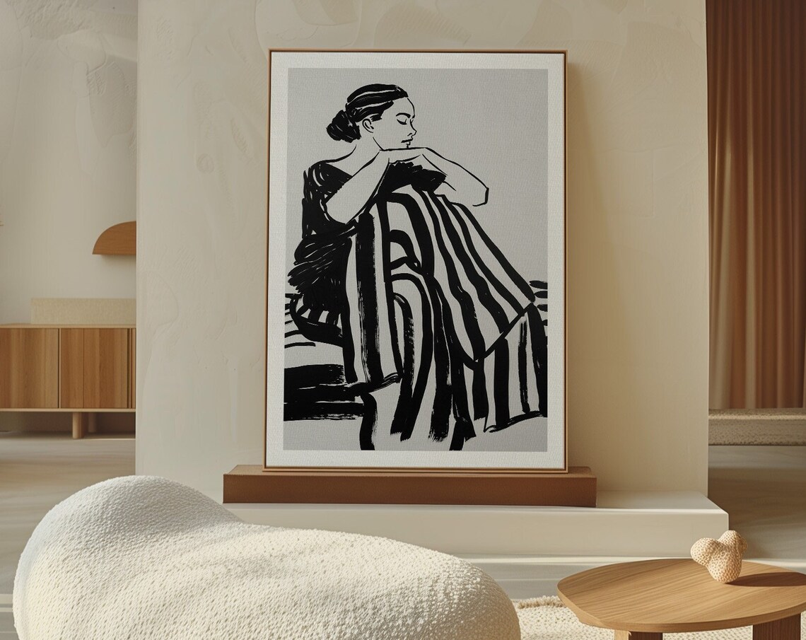 Contemplative Woman Ink Sketch with Flowing Striped Drapery Poster