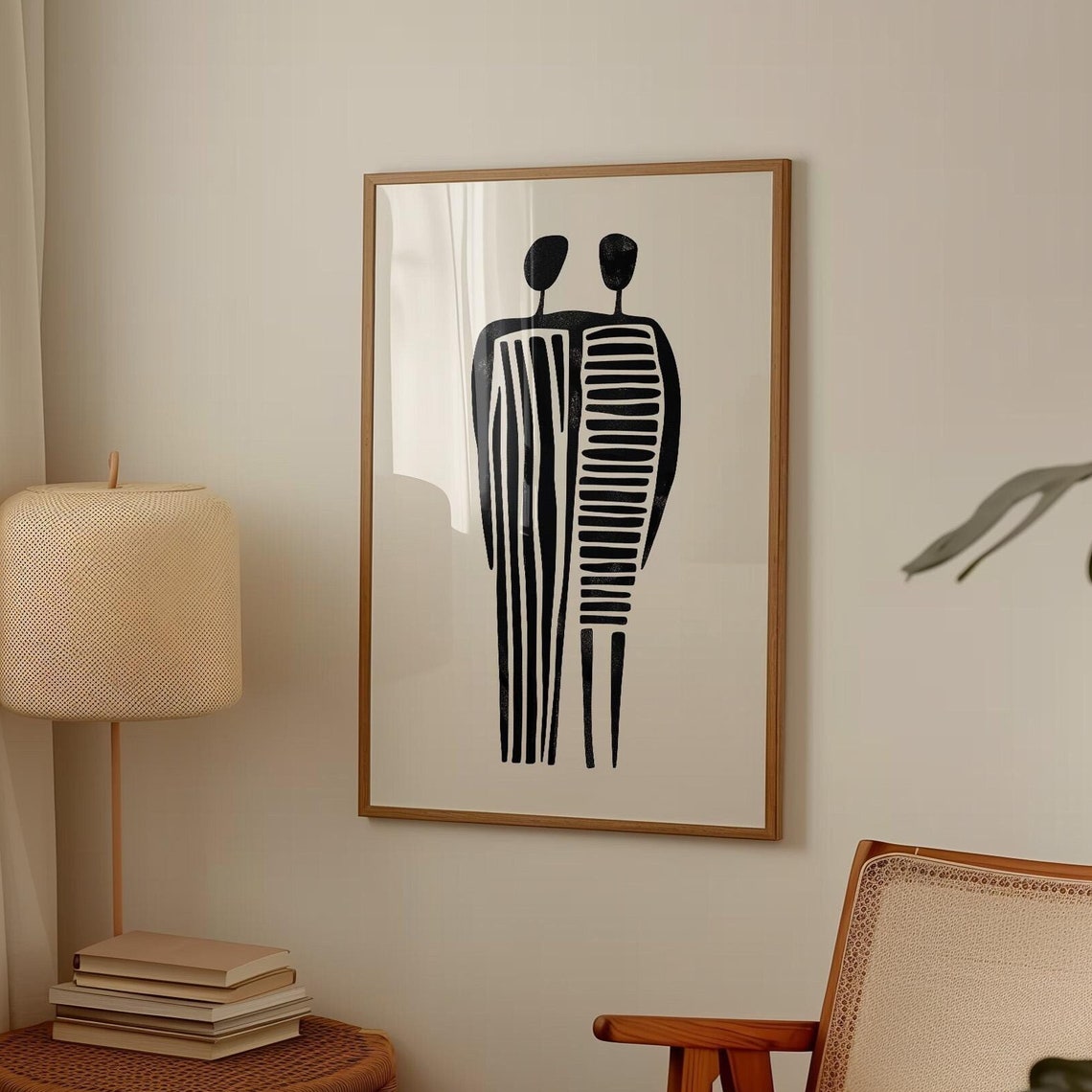 Minimalist Couple Figures Black White Abstract Linocut Style Poster