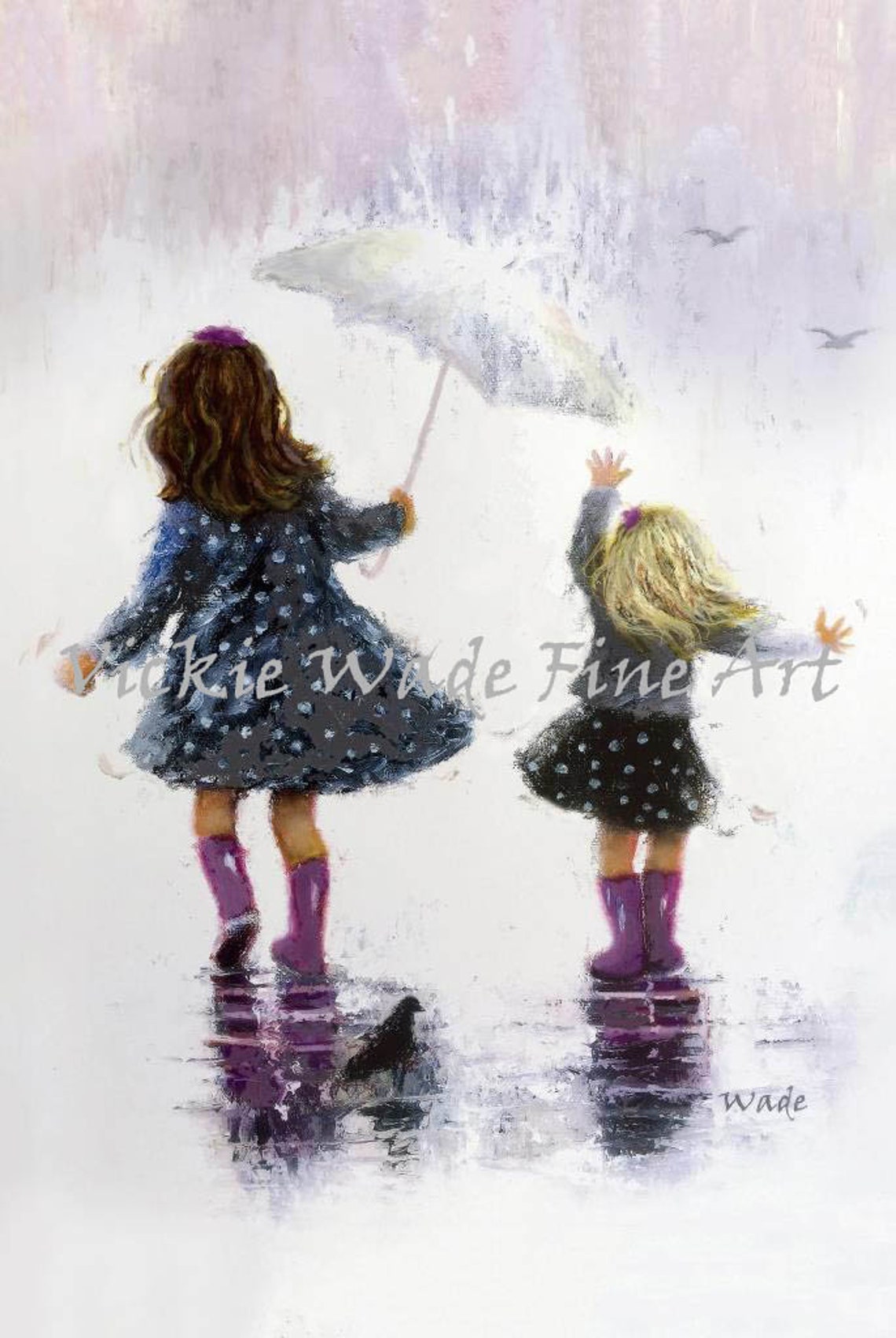 Two Sisters Rain Art Print Two Blonde Girls Two Blonde Sisters Two Daughters Girls Room Art Sister Gift Rain Girls Vickie Wade Art