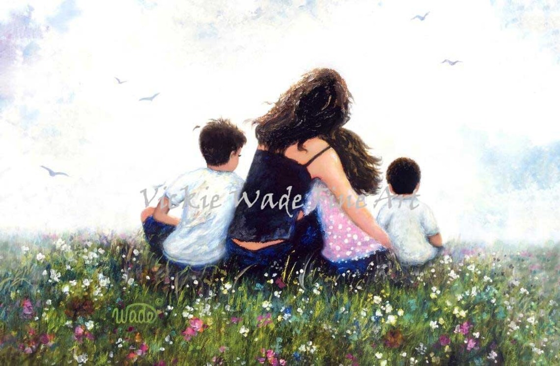 Dark Haired Mother With Three Children Wildflower Meadow Art Poster