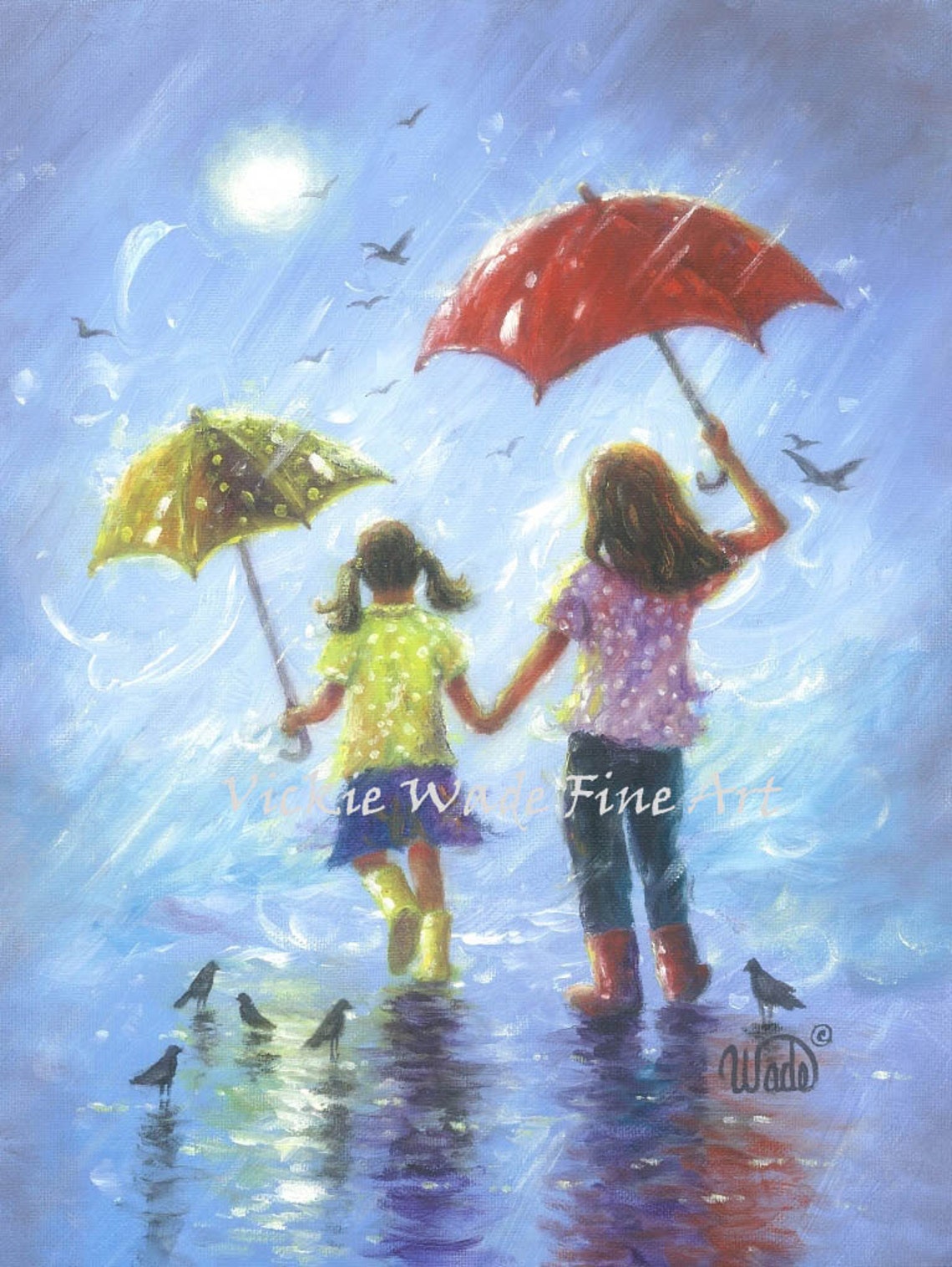 Sisters Art Print Two Sisters Wall Art Girls Room Wall Art Two Girls Sister Gift Childrens Art Blue Rain Girls Umbrellas Vickie Wade