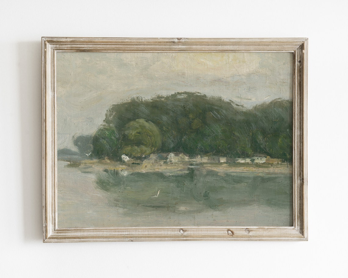 Neutral Vintage Landscape Meadow Painting Art French Country Oil Painting Green Landscape Wall Art