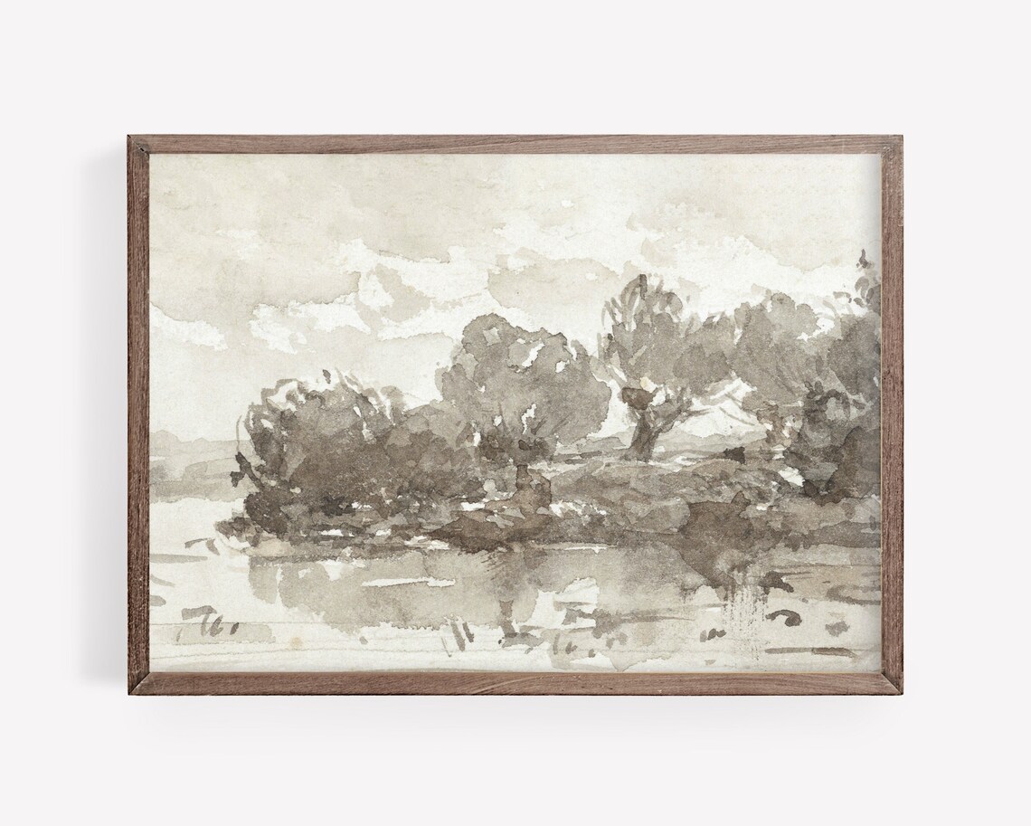 Vintage Autumn Landscape Art Print, Neutral Country